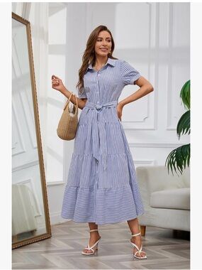 Utcoco Womens Casual  Button Down Tie Waist Ruffled Striped Maxi Shirt Dress L